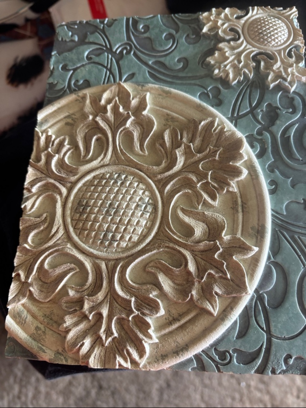 Ornate Resin Wall Medallion in Gold and Teal - Decorative Fiber Art